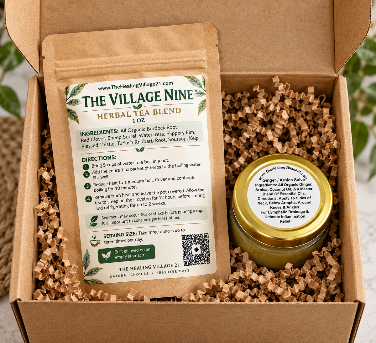 The Ultimate Wellness Box™ | The Village Nine™ Herbal Tea + Ginger Arnica Salve